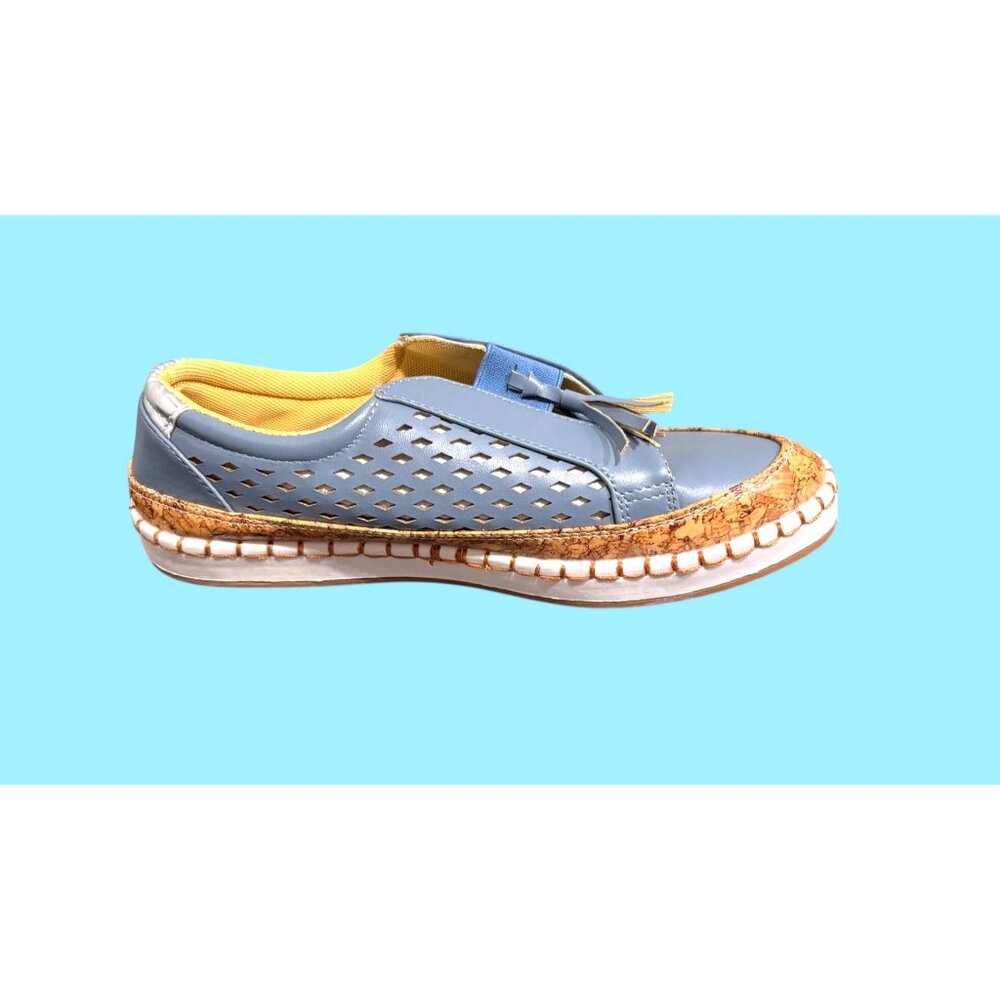 Light Blue Perforated Slip-On Shoes | Tassel Detail & Cork Accents – Women's 9.5